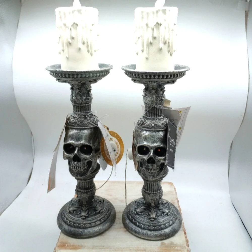 Set Of 2 Large Martha Stewart Skull Led Pillar Candles